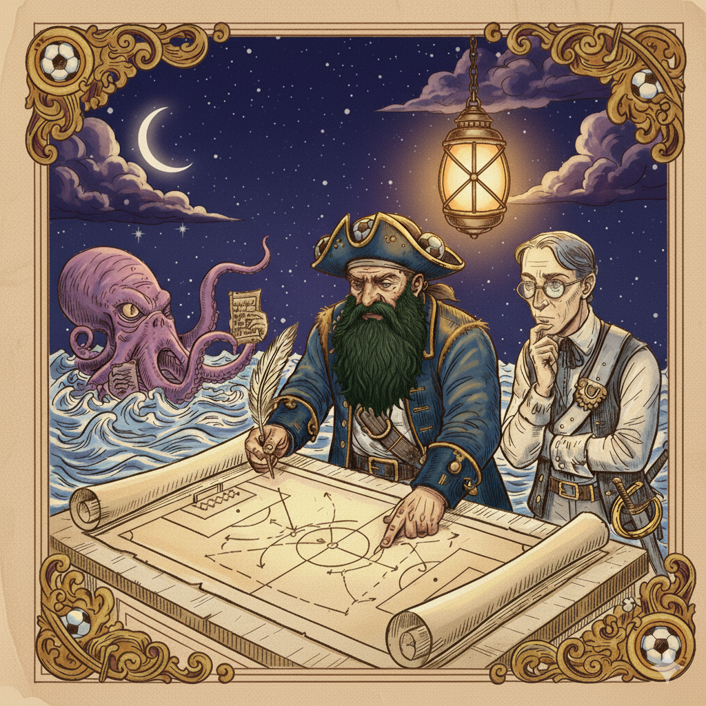A detailed cartoon of a pirate captain and a kraken looking at a football tactics board.